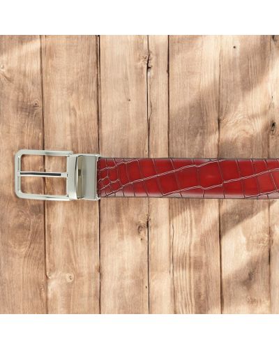 Leather Belt burgundy croco-effect embossed leather