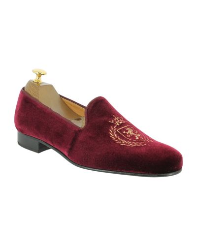 Moccasin embroidered laurel crown and lion slippers Center 51 Crown burgundy velvet