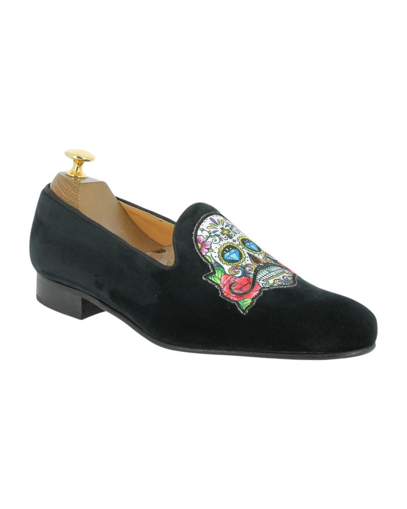 Mocassin brodé sugar skull slippers Center 51 Mexicano velours noir