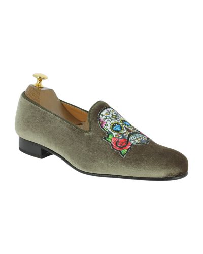 Mocassin brodé sugar skull slippers Center 51 Mexicano velours taupe