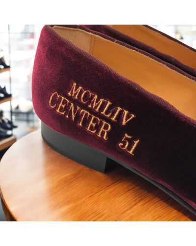 Moccasin embroidered roman numerals slippers Center 51 1954 burgundy velvet