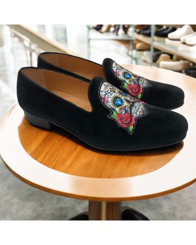 Mocassin brodé sugar skull slippers Center 51 Mexicano velours noir