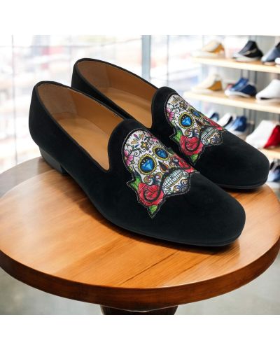 Mocassin brodé sugar skull slippers Center 51 Mexicano velours noir