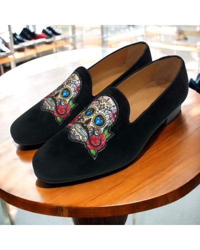 Mocassin brodé sugar skull slippers Center 51 Mexicano velours noir