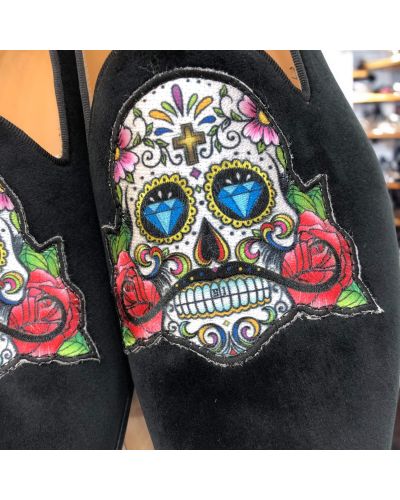 Mocassin brodé sugar skull slippers Center 51 Mexicano velours noir