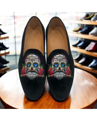 Mocassin brodé sugar skull slippers Center 51 Mexicano velours noir