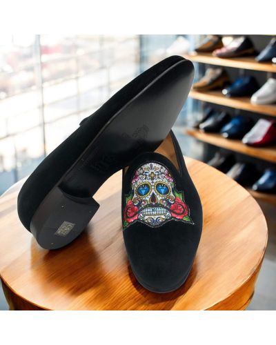 Mocassin brodé sugar skull slippers Center 51 Mexicano velours noir