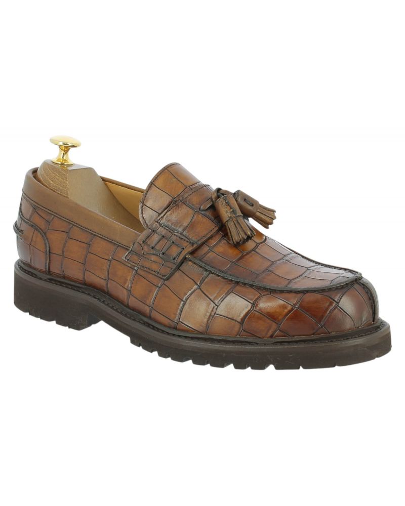 Mocassin à pompons Berwick 5634 cuir façon croco marron