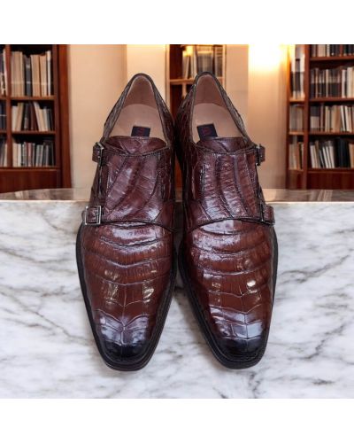 Double Monk strap shoe Mezlan 3998 genuine brown crocodile