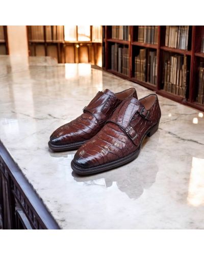 Double Monk strap shoe Mezlan 3998 genuine brown crocodile