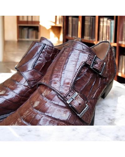 Double Monk strap shoe Mezlan 3998 genuine brown crocodile