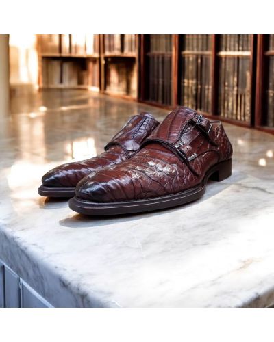 Double Monk strap shoe Mezlan 3998 genuine brown crocodile