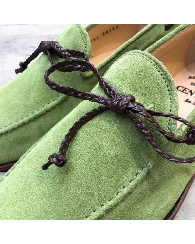 Moccasin Center 51 14778 green suede with a brown braided leather lace