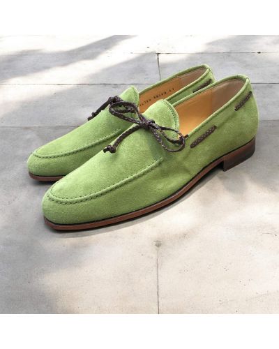 Moccasin Center 51 14778 green suede with a brown braided leather lace